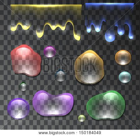 Set of multicolored transparent and flowing water drops and dew. Vector element for your design