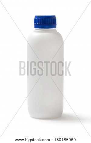 Closed white plastic bottle with blue cap and clipping path isolated on white background.
