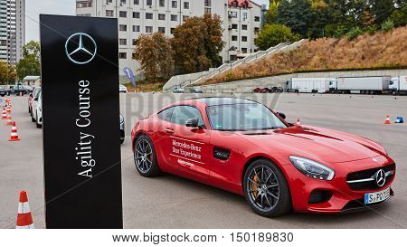Kiev, Ukraine - OCTOBER 4, 2016: Mercedes Benz star experience. The interesting series of test drives. Presentation the new Mercedes-Benz GTs AMG