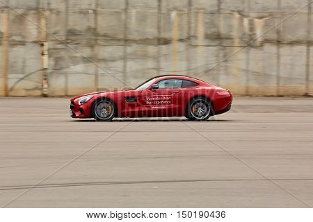 Kiev, Ukraine - OCTOBER 4, 2016: Mercedes Benz star experience. The interesting series of test drives. Presentation the new Mercedes-Benz GTs AMG