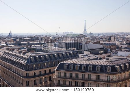 Panorama of Paris with Eiffel Tower. View from from Galeries Lafayette.