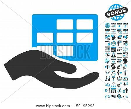 Service Schedule icon with bonus calendar and time management pictograph collection. Vector illustration style is flat iconic bicolor symbols, blue and gray colors, white background.