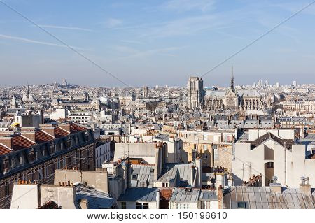 Panorama of Paris with Cathedral Notre Dame de Paris and Basilica of the Sacred Heart on the background. View from Pantheon.