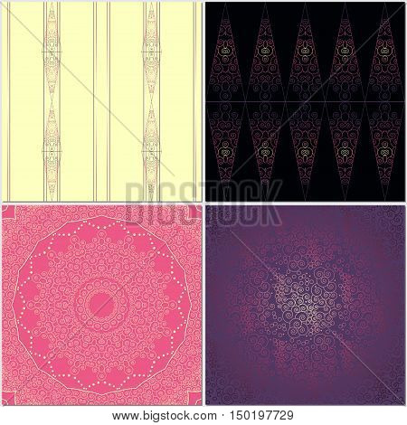 Set of four abstract seamless backgrounds with curls.