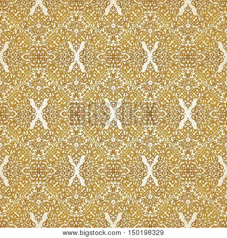 Vintage seamless pattern with lacy ornament in retro style. Gold brocade background. It can be used for wallpaper pattern fills web page background surface textures.