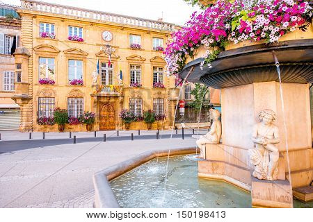 City hall building with fountain in Salon-de-Provence in France