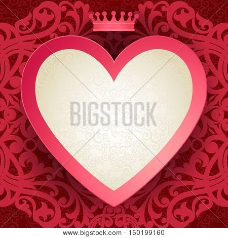 Vintage invitation card with heart and floral motifs. Red Victorian background. Template frame design for greeting and wedding card. You can place your text in the empty place.