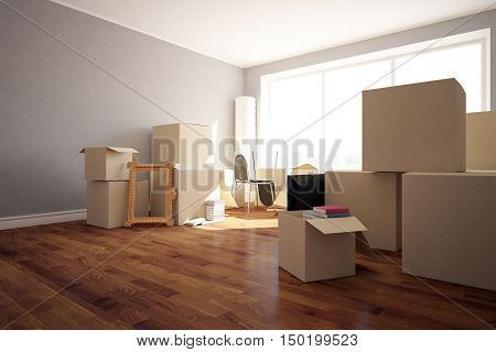 Stacks of cardboard boxes with various objects in clean room with wooden floor grey walls and windows. Moving in concept. Side view 3D Rendering