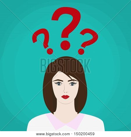 uncertain businesswoman in suit. sign. Question mark Question words vector concept