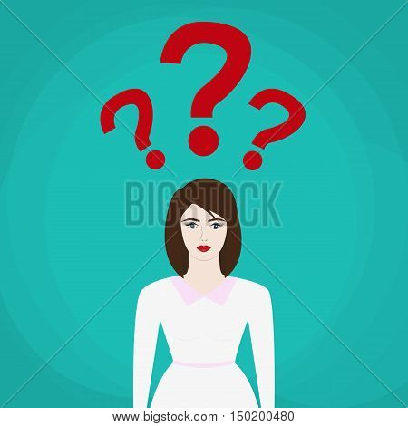 uncertain businesswoman in suit. sign. Question mark Question words vector concept