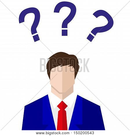 uncertain businessman in suit. sign. Question mark Question words vector concept