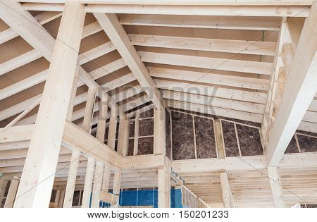 Vilnius, Lithuanian - January 4, 2016: Inside view of unfinished wooden ecological house