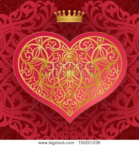 Vintage invitation card with heart and floral motifs. Red Victorian background. Cover design for greeting and wedding card.