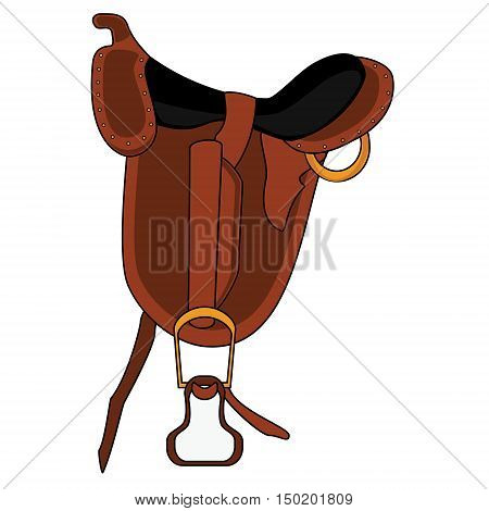 Vector illustration brown leather saddle. Embroidery for equestrian sport. Horse saddle flat icon