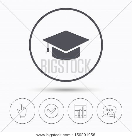 Education icon. Graduation cap symbol. Chat speech bubbles. Check tick, report chart and hand click. Linear icons. Vector
