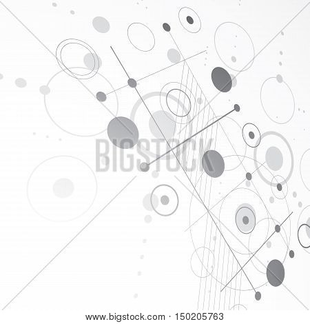 Bauhaus art dimensional composition perspective grayscale modular vector backdrop with circles and grid.