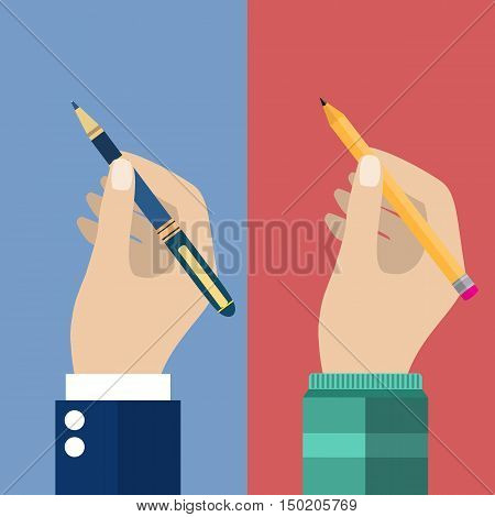 Man holding a pencil and pen for writing. Vector illustration in flat design. Writer, journalist, student. Hand writing man.