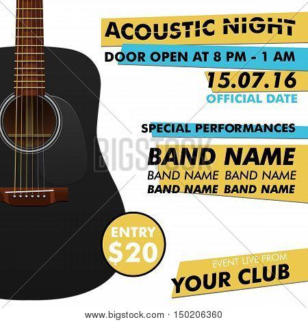 Acoustic night performance poster in your club Indie musician concert show poster with realistic acoustic guitar realistic guitar