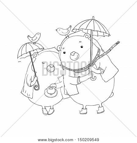 Cute teddy bear under an umbrella. Autumn theme. Hand drawing isolated objects on white background. Vector illustration.
