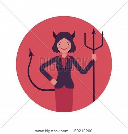Devil woman in a red circle. Cartoon vector flat-style illustration