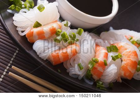 Shirataki With Prawns, Chives And Soy Sauce Macro. Horizontal