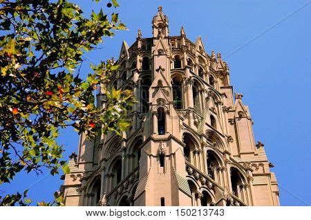 New York City - August 16 2004: Neo-gothic carillon bell tower of Riverside Church on Riverside Drive at West 112th Street