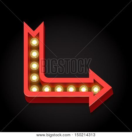 Retro arrow with large lamps. Neon lights. Volumetric 3D boom frame with glowing lights and black empty prostranstovm. Index on a black background. Vintage red arrow. illustration