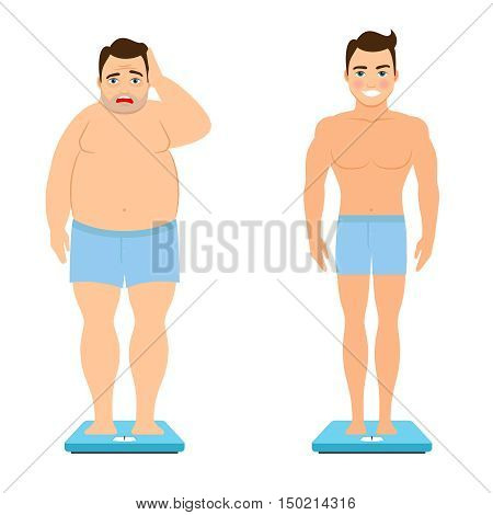 Before and after weight loss. Fat man and healthy fitness man on scales vector illustration