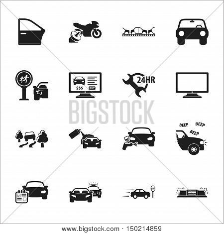 car, accident 16 black simple icons set for web design