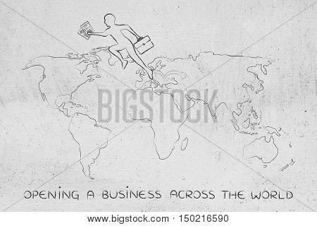 Business Man Jumpying Across Continents On Map Of The World