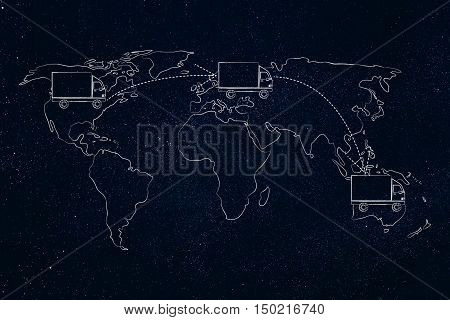 Movers Or Delivery Truck Moving Above Map Of The World