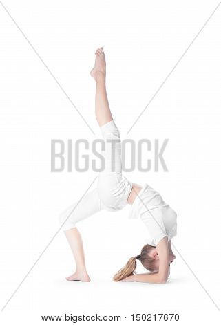 Young Beautiful Woman Makes Exercises On White Background