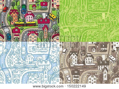 Set of four seamless background pattern with streets, tram rails, roads, houses and trees. Children vector illustration