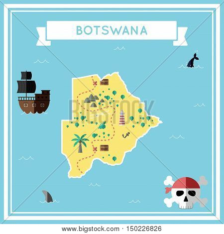 Flat Treasure Map Of Botswana. Colorful Cartoon With Icons Of Ship, Jolly Roger, Treasure Chest And