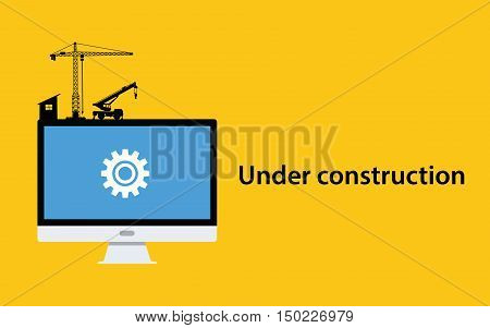 under construction concept with pc computer monitor gear icon crane construct and yellow background vector
