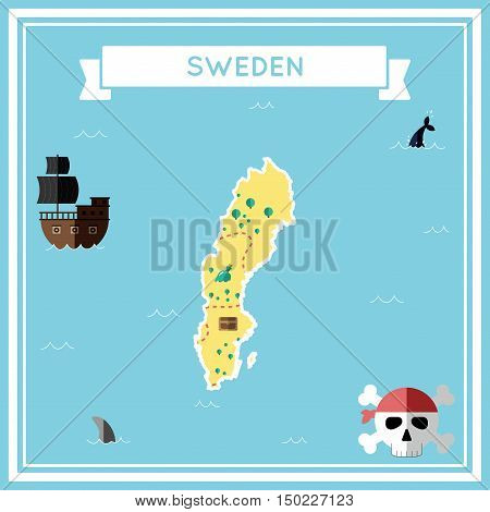 Flat Treasure Map Of Sweden. Colorful Cartoon With Icons Of Ship, Jolly Roger, Treasure Chest And Ba