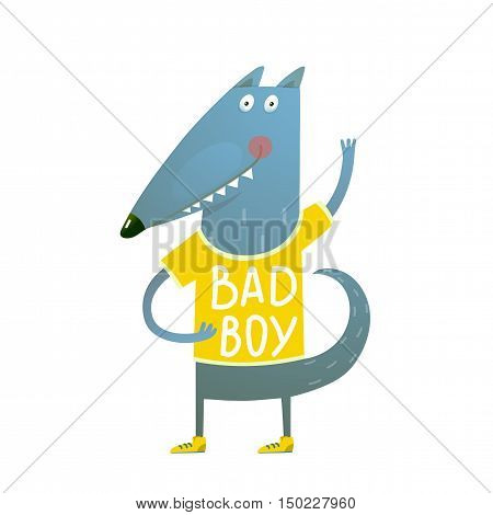 Wolf dog cub cute colorful adorable animal illustration. Wearing a tee shirt with sign. Vector EPS10.