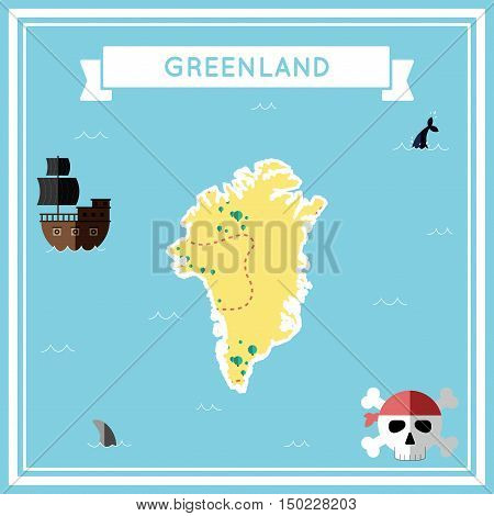 Flat Treasure Map Of Greenland. Colorful Cartoon With Icons Of Ship, Jolly Roger, Treasure Chest And