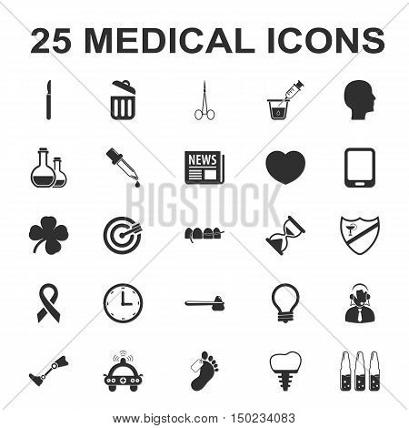 medicine, care, hospital 25 black simple icons set for web design