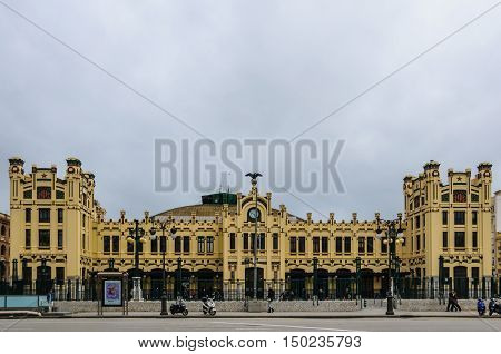 VALENCIA, SPAIN - MARCH 22, 2015: The modernist building of the Estacio del Nord the main train station in Valencia