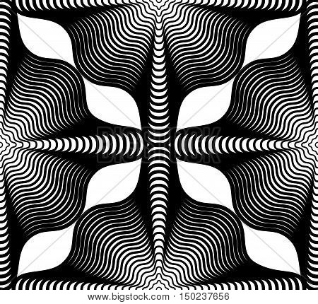 Geometric monochrome stripy seamless pattern black and white vector abstract background. Graphic symmetric backdrop.