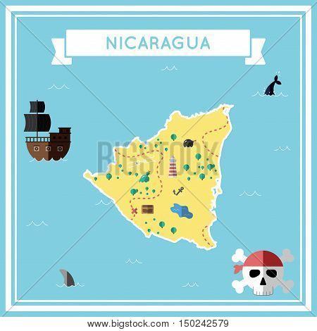 Flat Treasure Map Of Nicaragua. Colorful Cartoon With Icons Of Ship, Jolly Roger, Treasure Chest And