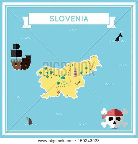 Flat Treasure Map Of Slovenia. Colorful Cartoon With Icons Of Ship, Jolly Roger, Treasure Chest And