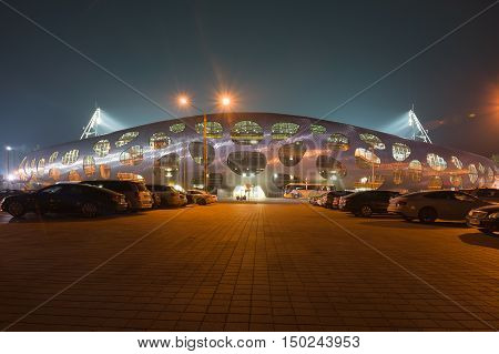 Borisov Belarus - September 02 2016: stadium belonging to FC BATE in the Borisov city of Belarus in the night.