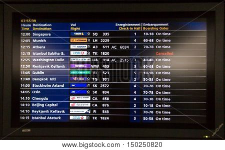 Paris France - September 15 2016: The airport Charles de Gaulle information board for passengers.