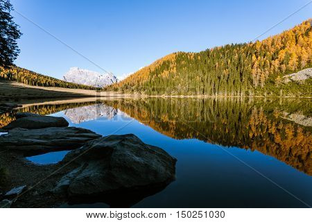 Reflections On Water, Autumn Panorama From Mountain Lake