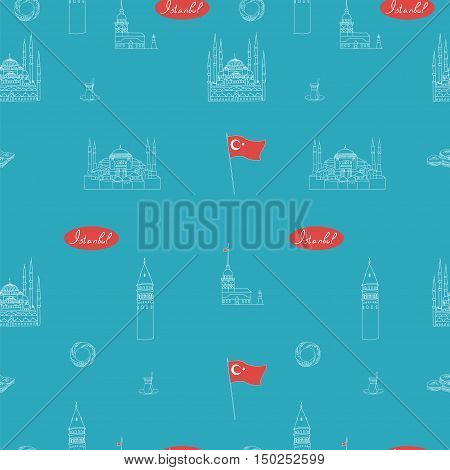Turquoise teal blue and red Istanbul tourist vector seamless pattern. Istanbul landmarks background.