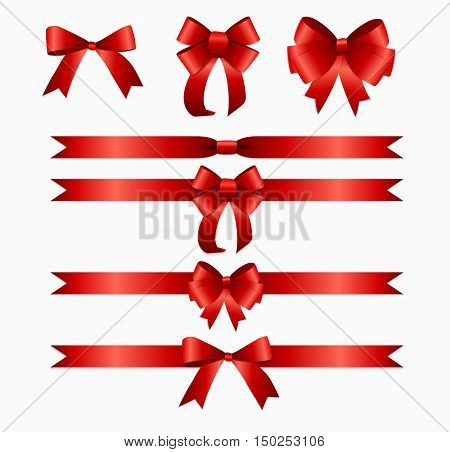 Red Ribbon and Bow Set for Birthday and Christmas Gift Box. Realistic Silk Ribbon Decoration. Vector Illustration EPS10