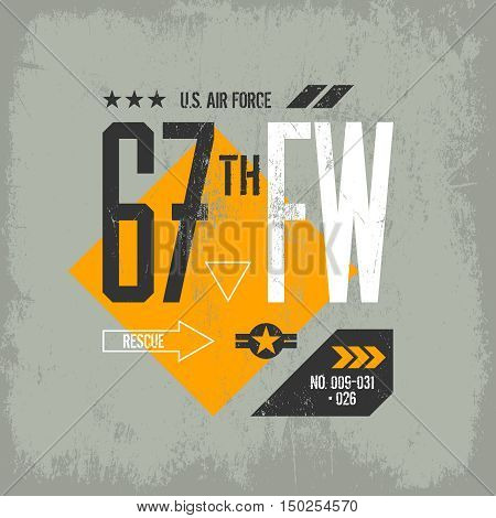 Modern american air force tee print vector design isolated on light background. Premium quality superior military number logo concept. 
Shabby t-shirt aircraft emblem illustration.