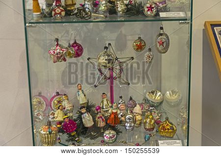KLIN RUSSIA - JANUARY 16 2016: Old Christmas toys with Soviet symbols. 40th-70th years of the the twentieth century. Museum of Christmas toys.
